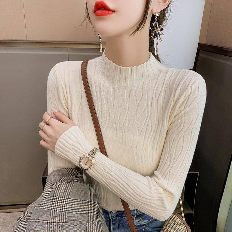 Autumn and winter versatile simple semi-turtleneck sweater with women's solid color slim and thin knitted bottoming shirt splicing design