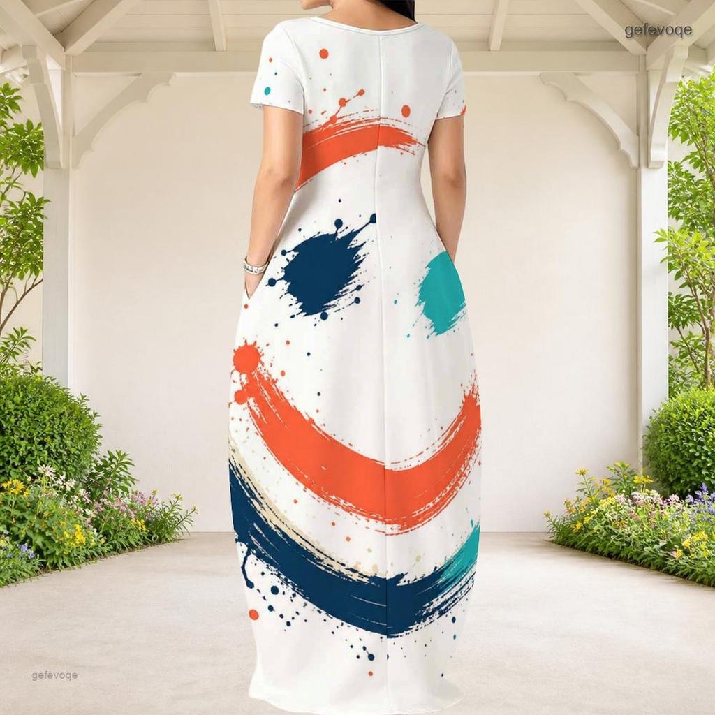 Women Plus Size Round Neck Short Sleeve Abstract Printed Loose White Long Dress With Side Pockets