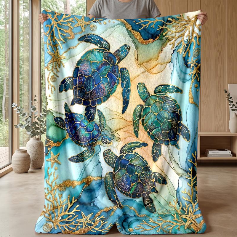 Oceanic Sea Turtle Adventure Theme Blanket Lightweight Warm Flannel Blanket Decorative Throw Blanket for Home Decoration