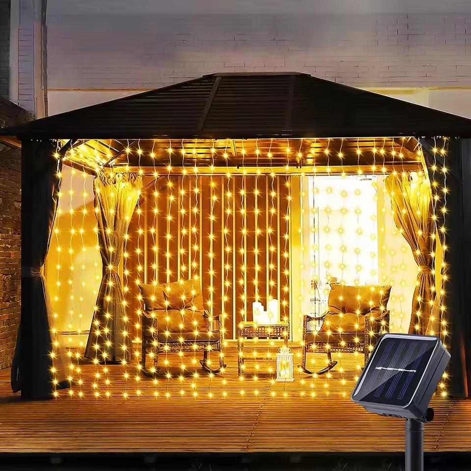 

300 LED Solar Courtyard Curtain Lights Outdoor Waterproof Fairy String Lights With 8 Modes for Garden Window Bedroom Wedding Warm-3x1M 100led