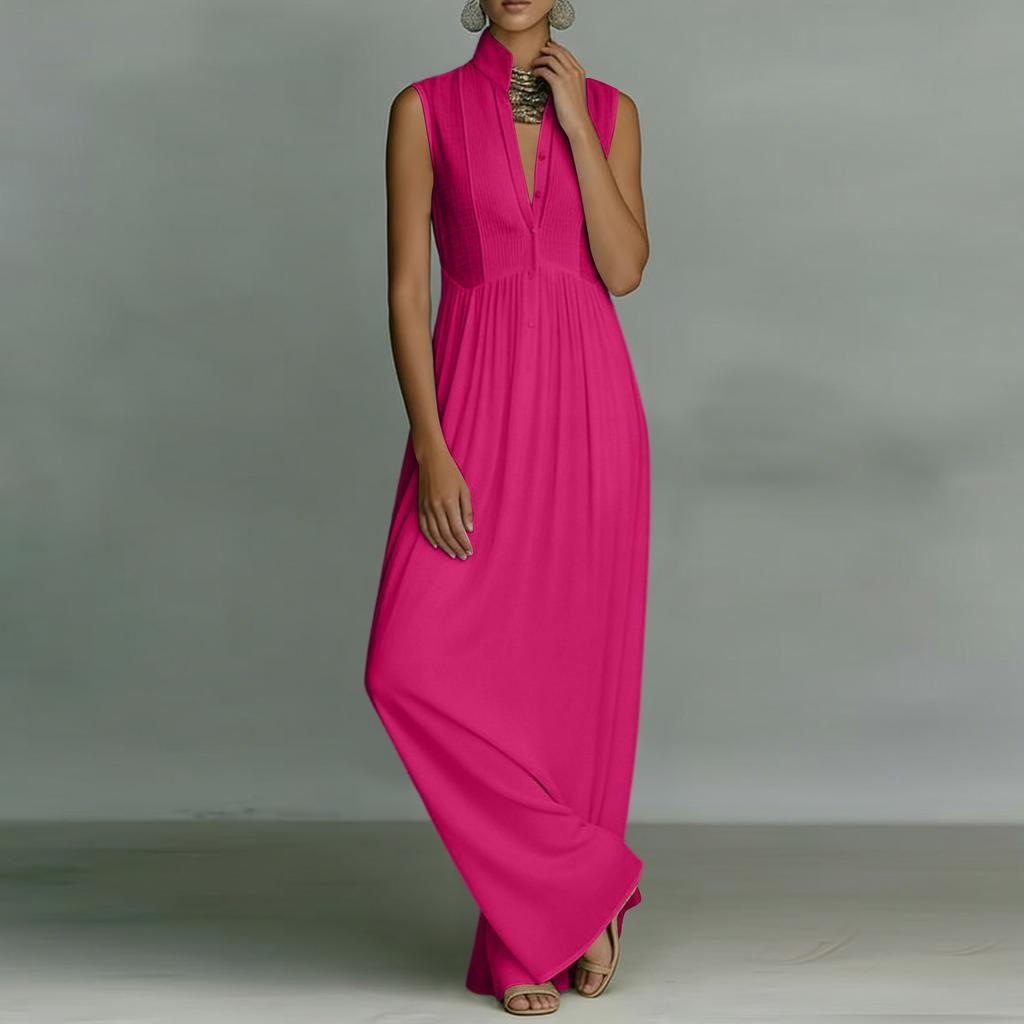 Women Pleated Maxi Dress Vacation Style Inspired Long Dress Sleeveless Elegant Solid Design Lightweight Fabric