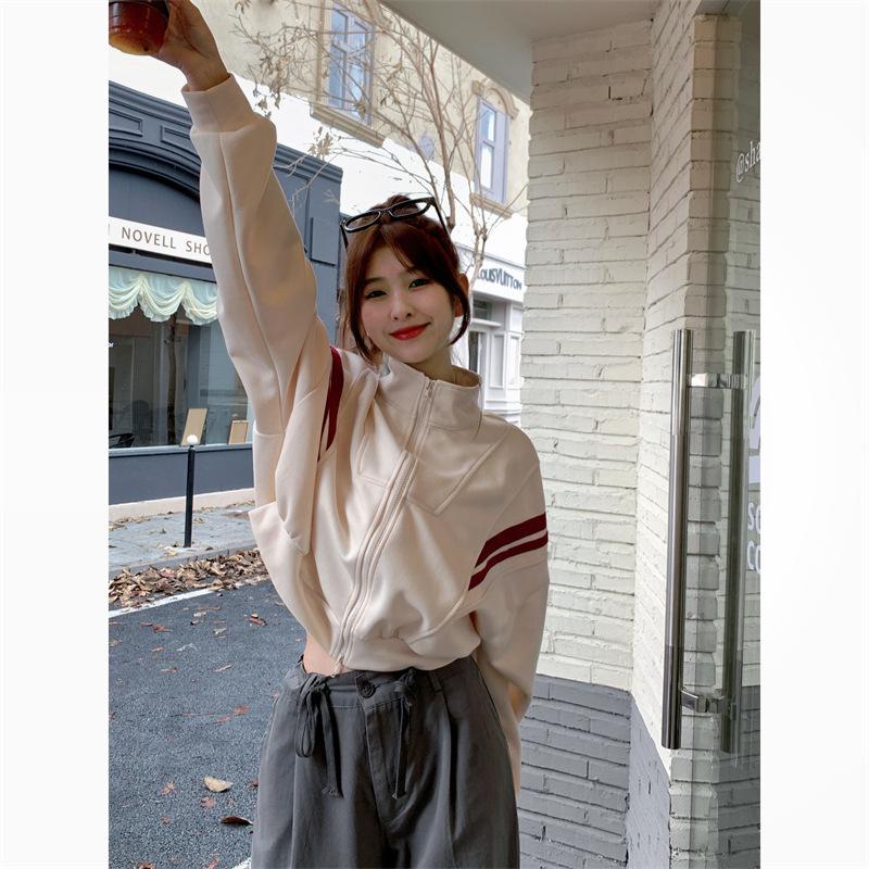 2025 Women’s Retro Casual Oversized Sweatshirt Jacket with Stand-Up Collar for Spring & Autumn