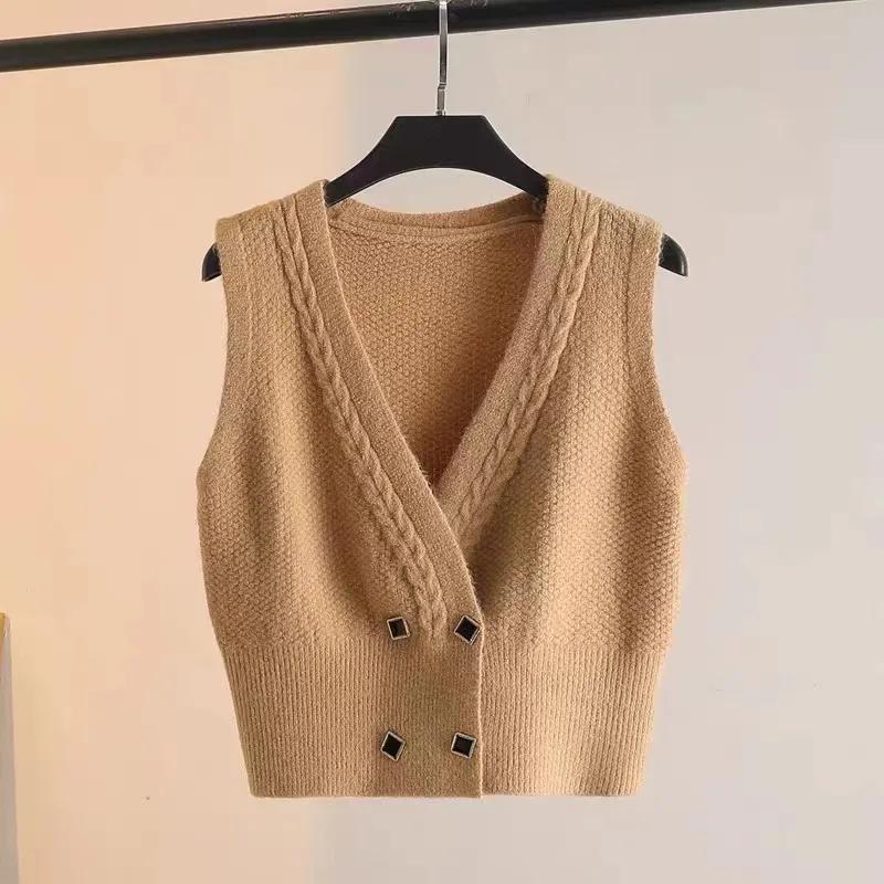 

Women s Spring French Vintage Knit Sweater Double-Breasted Sleeveless Cardigan Solid Color V-Neck Slimming Vest XXL верблюд