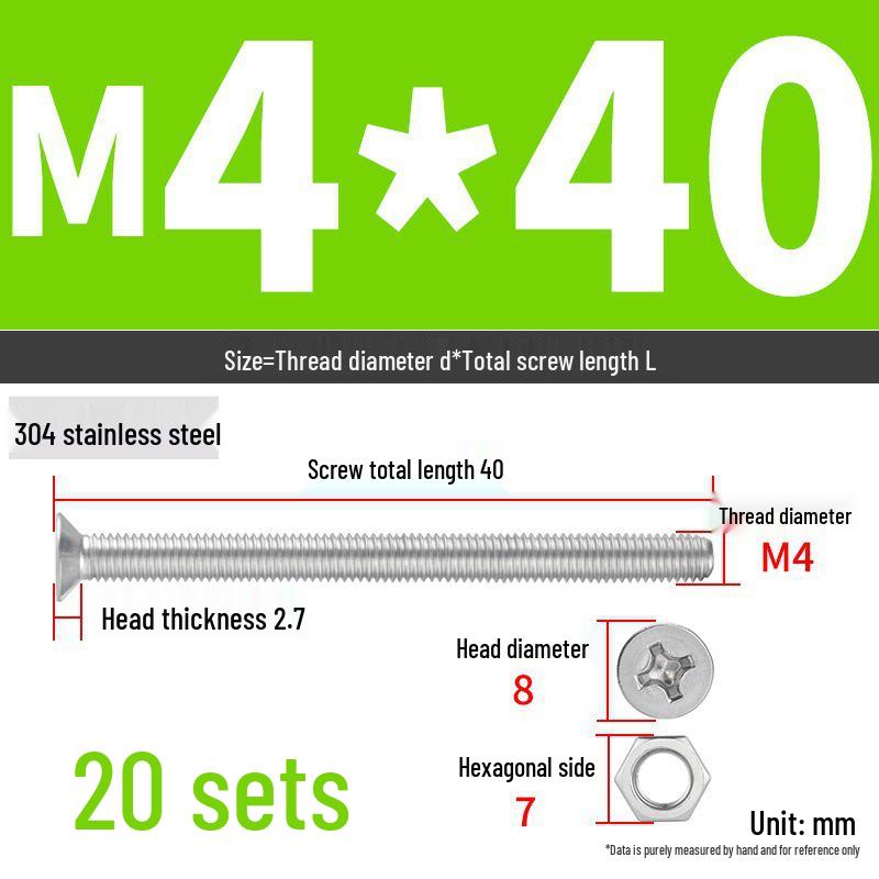 304 Stainless Steel Extra Long Phillips Flat Head Screws and Nuts Set (2M, 3M, 4M)