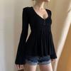 Women's Lace Trim Peplum Blouse V-Neck Long Sleeve Flare Sleeve Top