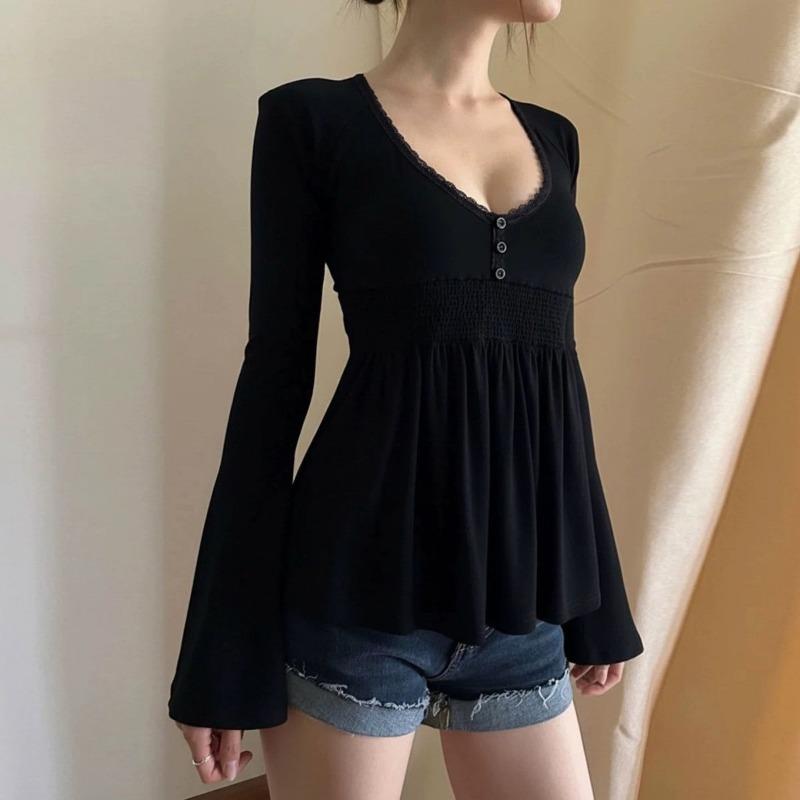 Women's Lace Trim Peplum Blouse V-Neck Long Sleeve Flare Sleeve Top