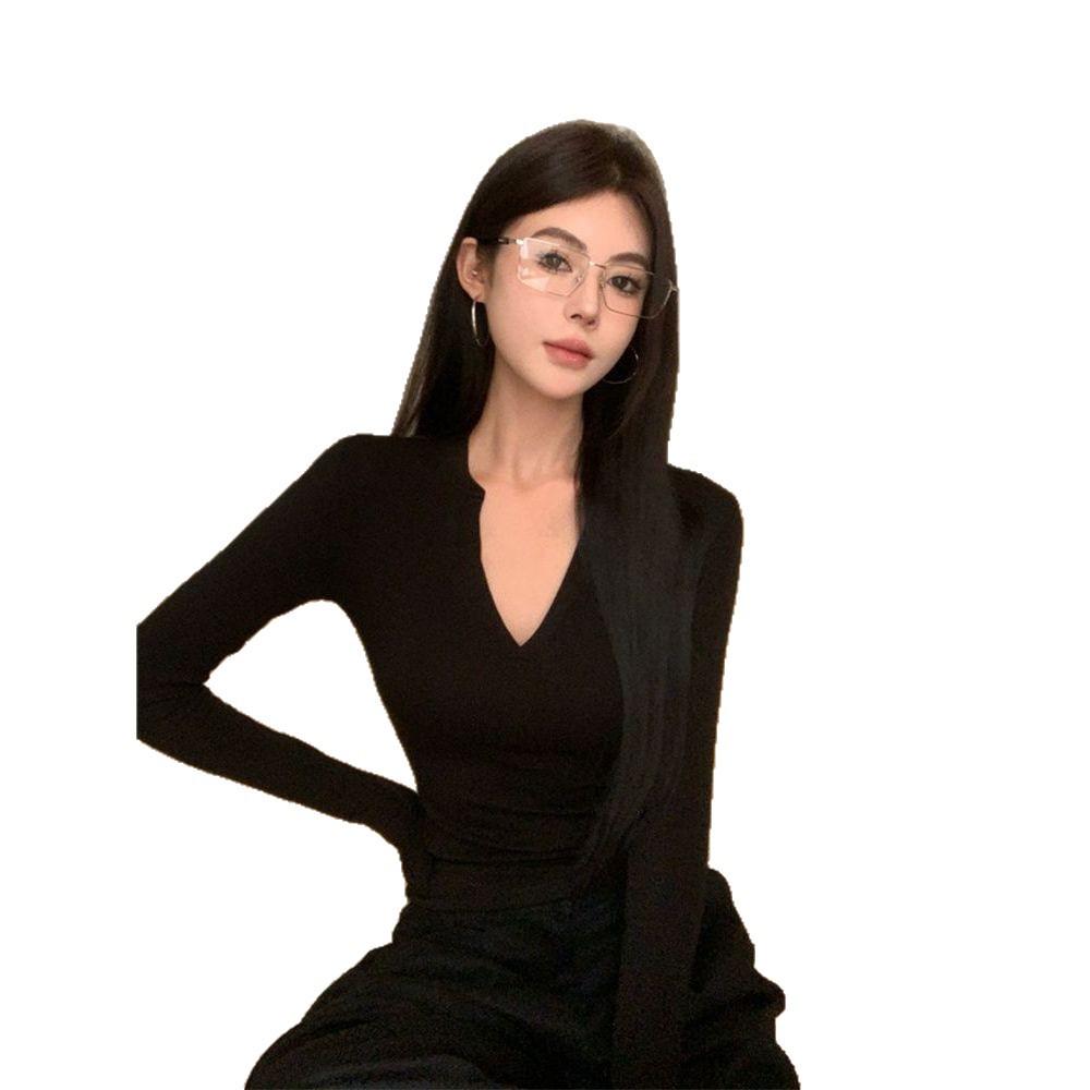 Pure Desire Spicy Girl V-neck White Long Sleeve Slim Fit Top: Women's Early Autumn Versatile Base Layer