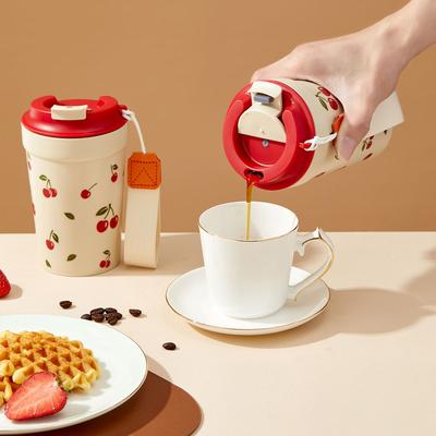 Cherry Pattern Plastic Water Cup Reusable Portable Leak Proof Drinking Bottle with Nylon Rope Heat-resistant Milk Coffee Mug