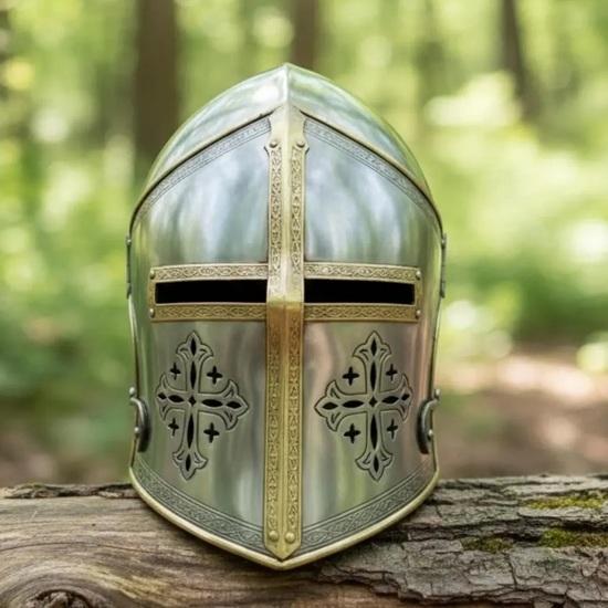 Medieval Brass Steel Barbuta Helmet with Cross, Templar Crusader Great Helm, Steel Knight Armor LARP Cosplay Display