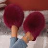 Winter Solid Color Fluffy Big Fur Slippers  Korean Style Faux Fur Slippers with Non-Slip Rubber Sole