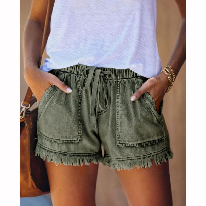 Jean Shorts Women's Drawstring Elastic Waisted Casual Denim Pocket Tassel Soft Summer Trendy Jeans
