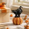 Black Cat Statue for Window Sill Halloween Pumpkin Ornament, Vintage Wood Carving Style Seasonal Festive Atmosphere Props Resin Figurine, Spooky