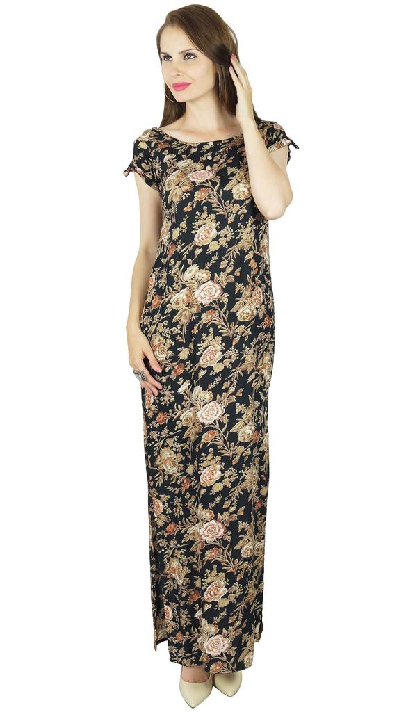 Bimba Long Maxi Gown Floral Rayon Dress- Both Side Slits Classic Summer Wear