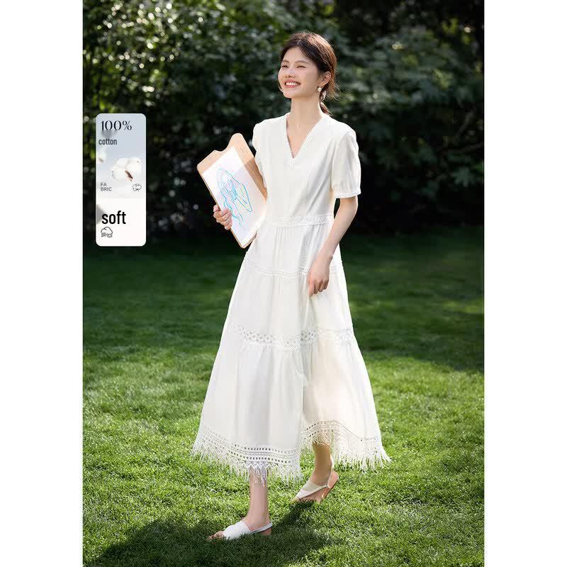 XWI French V-Neck Lace Cotton Midi Dress L