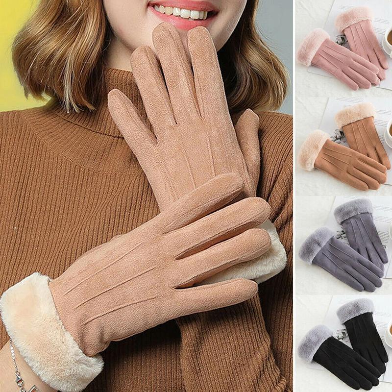 1Pair Touch Screen Winter Fleece Suede Soft Women Warm Gloves Ladies Fur Lined Thermal
