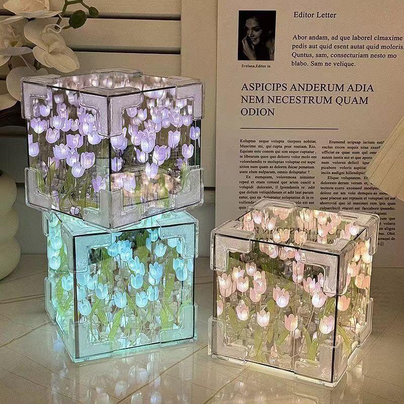 Creative Diy Tulip Flower Sea Cube Three-Dimensional Small Night Lamp Material Package For Girlfriend Couple Girlfriend