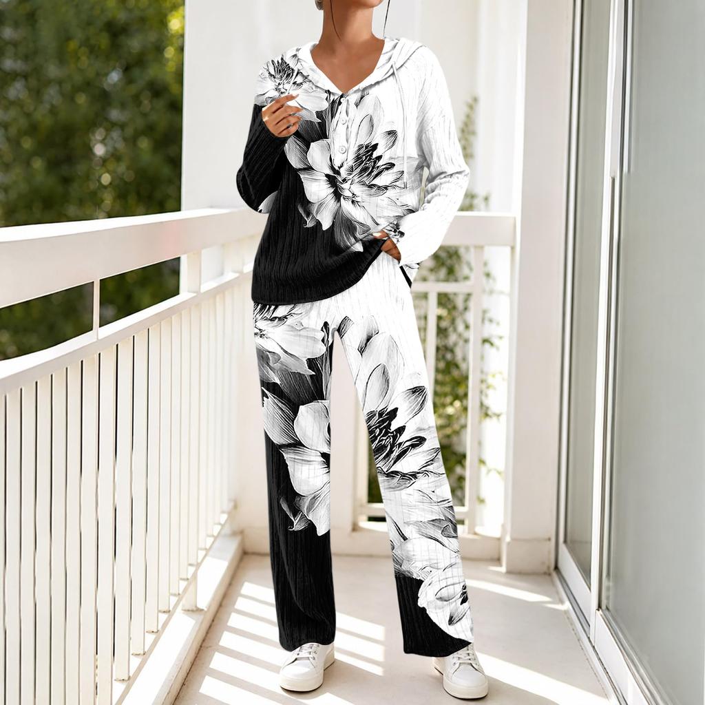 Women's V-Neck Print Long Sleeve Hooded Pajama Set with Pockets, Loose Fit Casual Wear