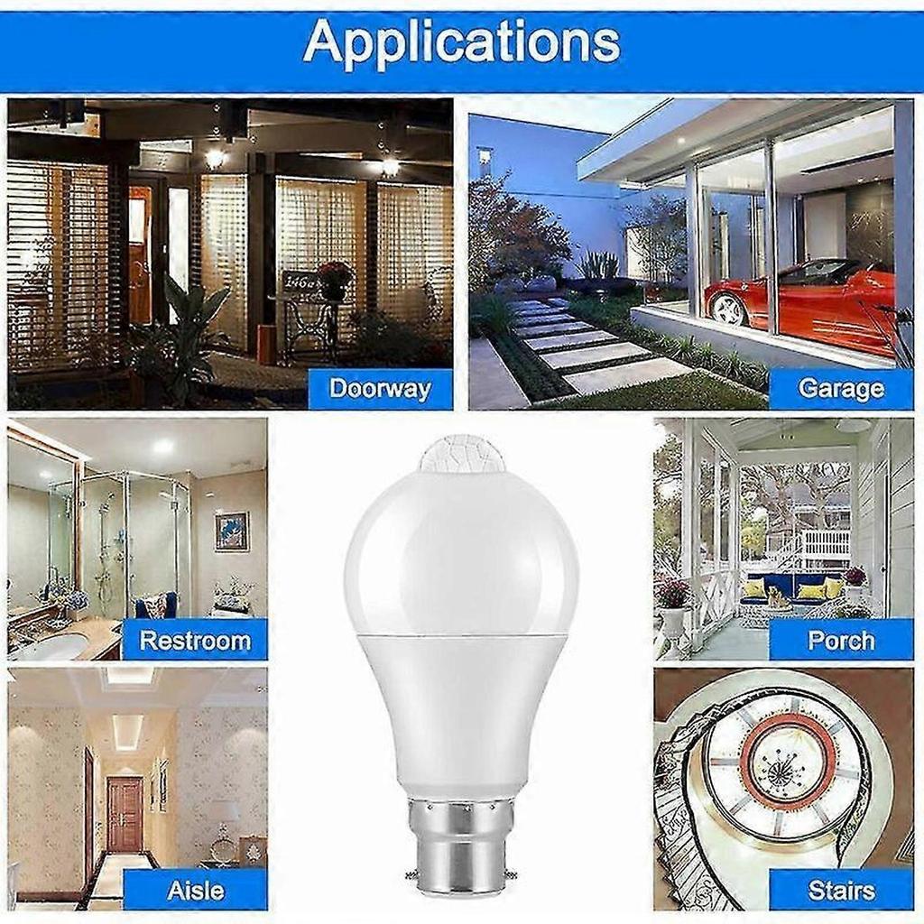 B22 Bayonet LED Motion Sensor Light Bulb, 12W, 1020lm, Cool White 6000 K, CIR 85, Waterproof IP42 Energy Saving, Non-dimmable, Motion Sensor Light Bul