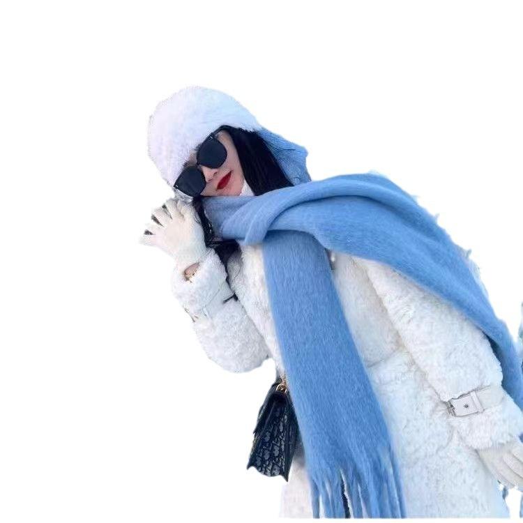 Iceland sea salt blue scarf women's autumn and winter new mohair solid color versatile scarf warm imitation cashmere shawl
