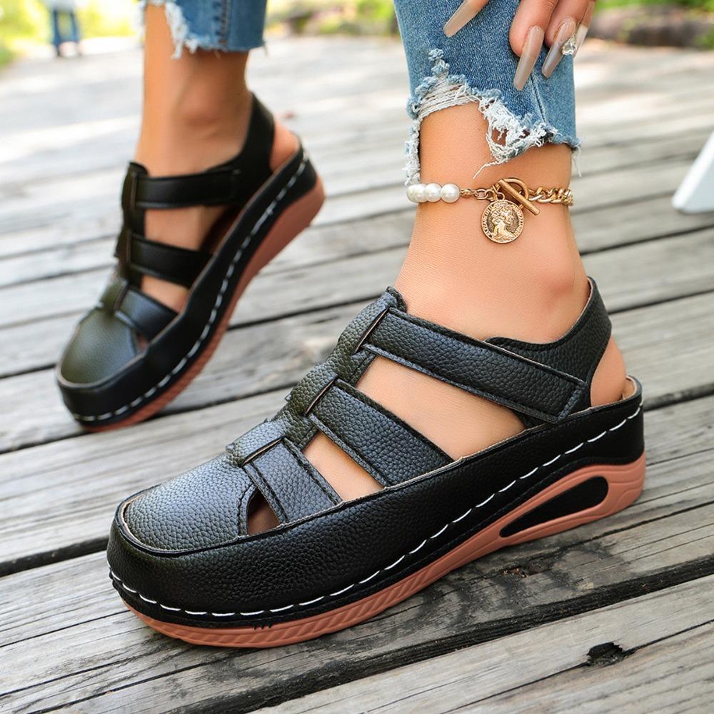 Women Platform Hollow Roman Sandals, Round Toe Wedge Heel Breathable Comfort Casual Shoes