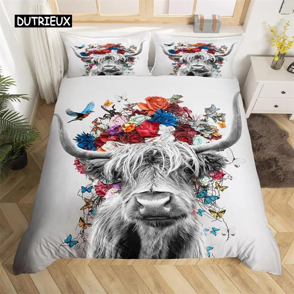 Highland İnek Yatak Takımı Polyester Boğa Sığır Çiçekleri Yorgan Kılıfı Batı Vahşi Hayvan Yorgan Kılıfı Çiftlik Evi İnek Yatak Örtüsü Kılıfı