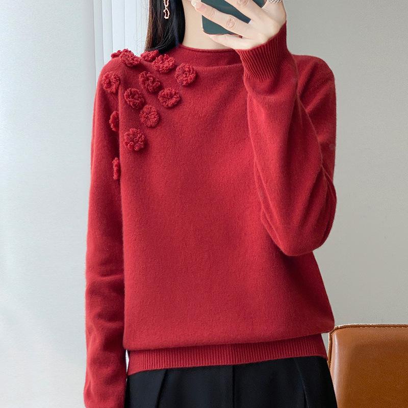 Women's Handmade Pure Wool Sweater - Soft, Fluffy, Versatile with Half-High Collar for Autumn and Winter