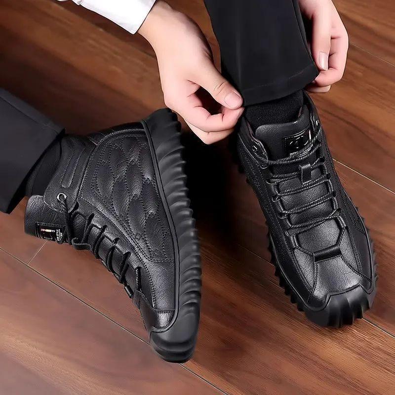 Men's Cotton Shoes Genuine Leather Cowhide Velvet Thermal Casual Leather Shoes British Snow Boots Non-slip Soft-soled Waterproof Cotton Shoes Men