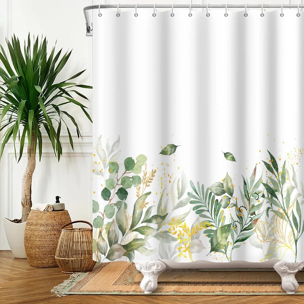 Green Eucalyptus Leaves Plant Shower Curtain Watercolor Leaf Floral Flower Boho Waterproof Bathtub Bathroom Shower Curtain Decor