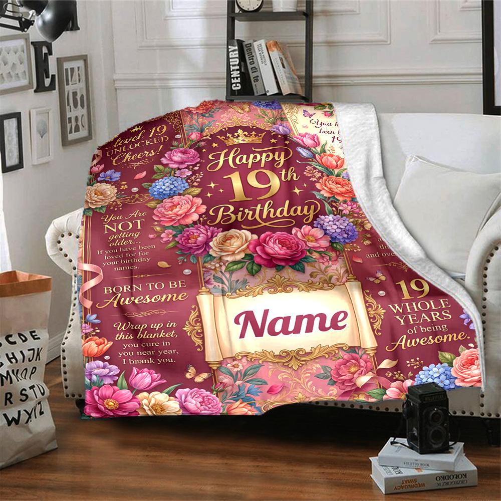 Floral 19Th Birthday Celebration Personalized Name Blankets Soft And Comfortable Against The Skin Naps And The Office A Wonderful Gift For Friends