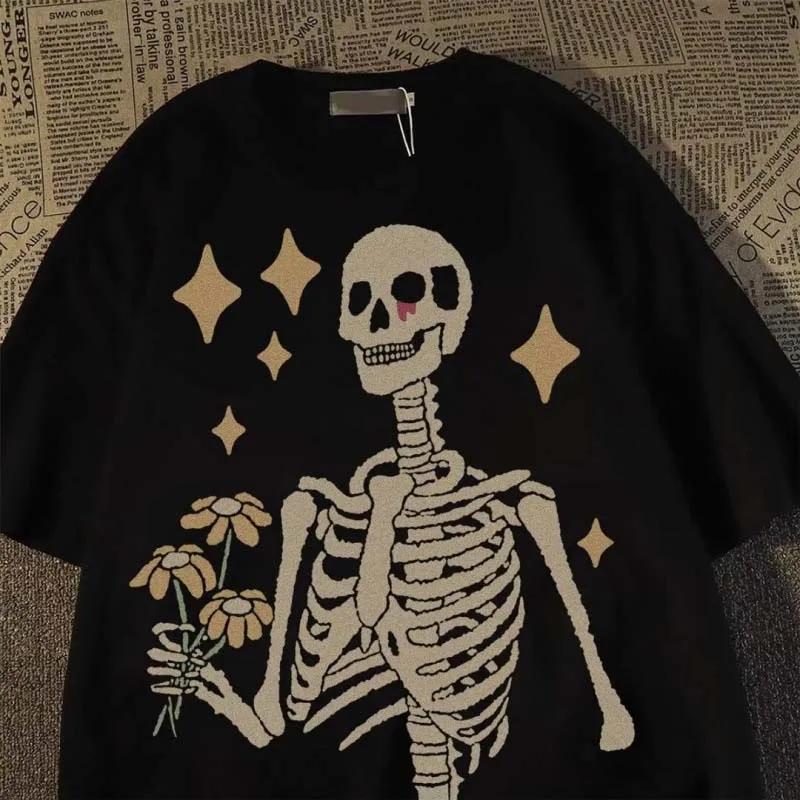 Skeletons In Meditation And Keep Alone Printed T Shirt Mans Casual Short Sleeve High Street Hip Hop Clothing Men T-Shirts Tops