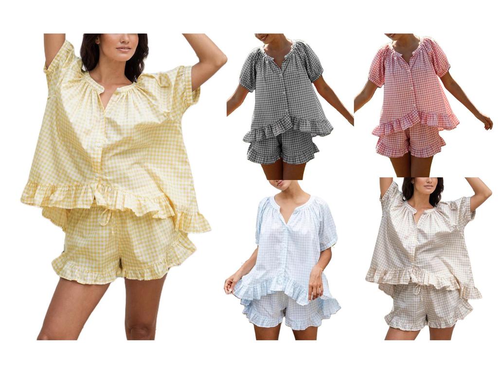 Haut à Manches Courtes à Volants Boutonnés Européen et Américain + Ensemble de Pyjama Pantalon à Carreaux