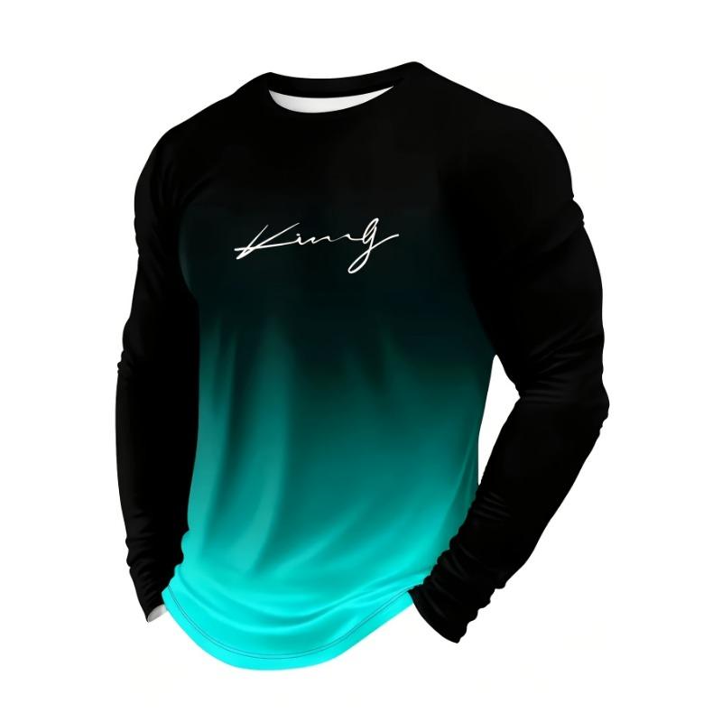 Men's Long Sleeve T-shirt - Black Grey Gradient King Pattern Print