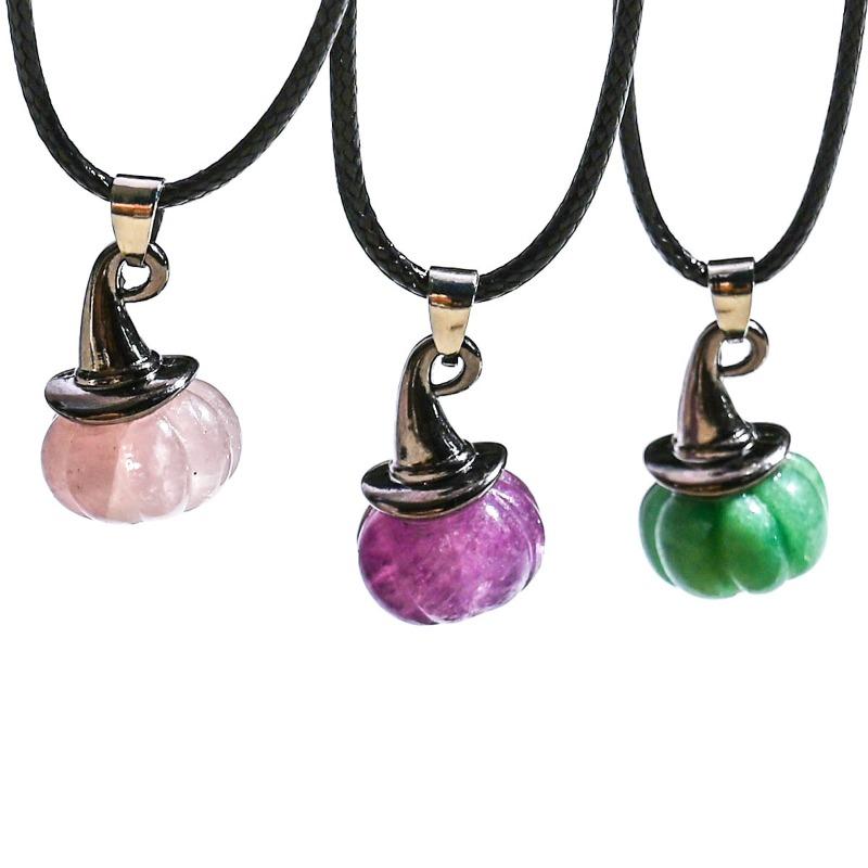 1PC Halloween Crystal Pendant Pumpkin Wizard Witch Hat Ornament Amethyst Rose Quartz Red Agate Aventurine Stone Jewelry Gift