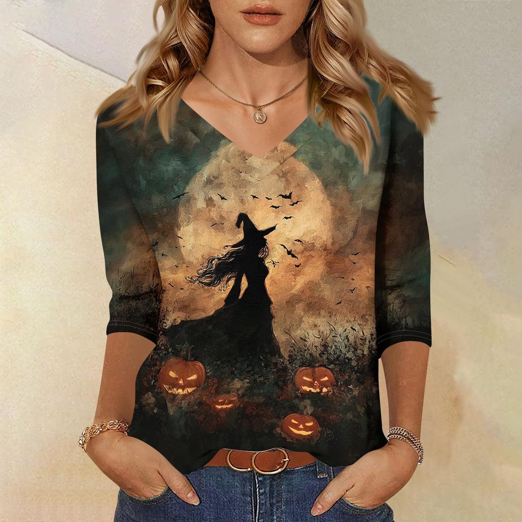 Women Casual Halloween Print V Neck Top Three Quarter Sleeve Lightweight Loose Fit Pullover Shirt for Fall Seasonal Wear