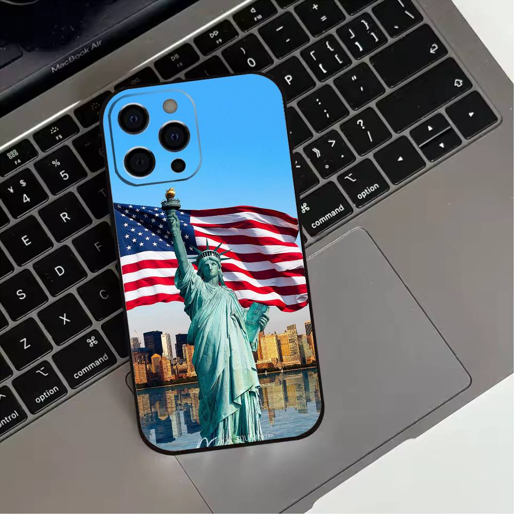 America USA Flag S-Statue Liberty  Phone Case For iPhone 17,16,15,14,13,12,11 Plus,Pro Max,XS,Soft Silicone Black Cover
