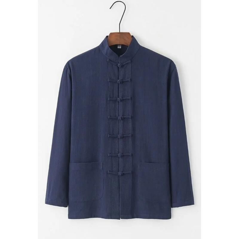 Herren Baumwolle Leinen Tang Anzug Langarm Set Retro Knopfleiste Herrenbekleidung Mittleren Alters und Ältere Locker Tai Chi Anzug