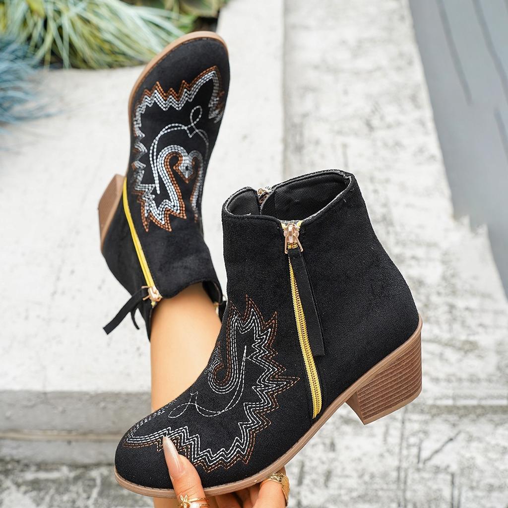 Women Embroidery Printed Pointed Toe Block Heel Chelsea Ankle Boots, European Style Short Tube Fashion Booties For Autumn