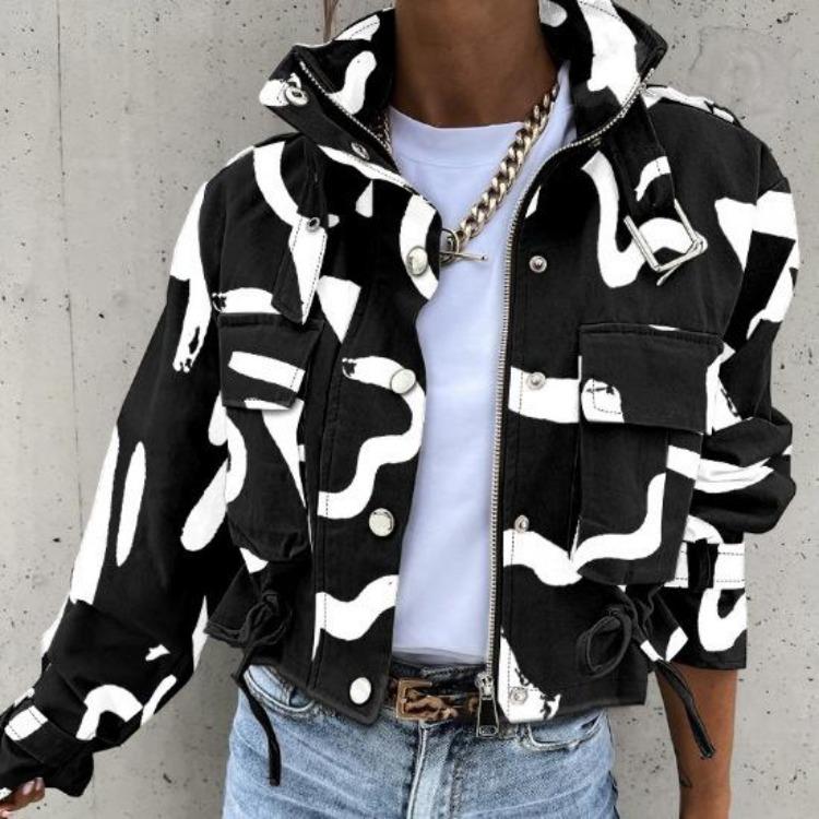 Winter Women Jackets Vintage Print Long Sleeve Button Coat Geometric Autumn Tops Ladies Leisure Outerwear Short