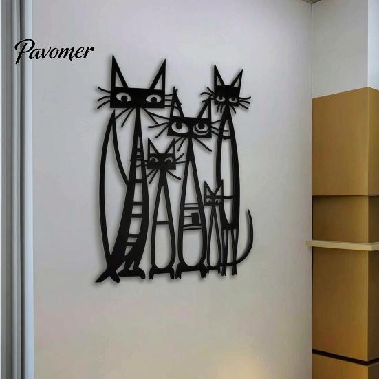 Artistic Iron Wall Decor Metal Cartoon Cat Art for Living Room Bedroom, Creative Black Silhouette Sculpture, Minimalist Animal Hanging Ornament