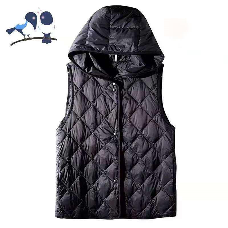 Weiße Daunen-Baumwoll-Weste Jacke Damen Mit Kapuze Ärmellos Gepolsterte Weste Oberbekleidung Herbst Winter Westen Damen Weste Mantel