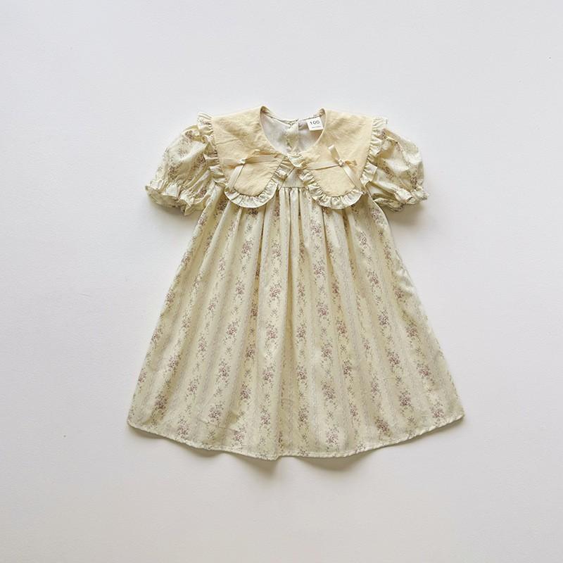 2026 Kids Girls Short Sleeve Dress Floral Print Peter Pan Collar Princess Style Casual Toddler
