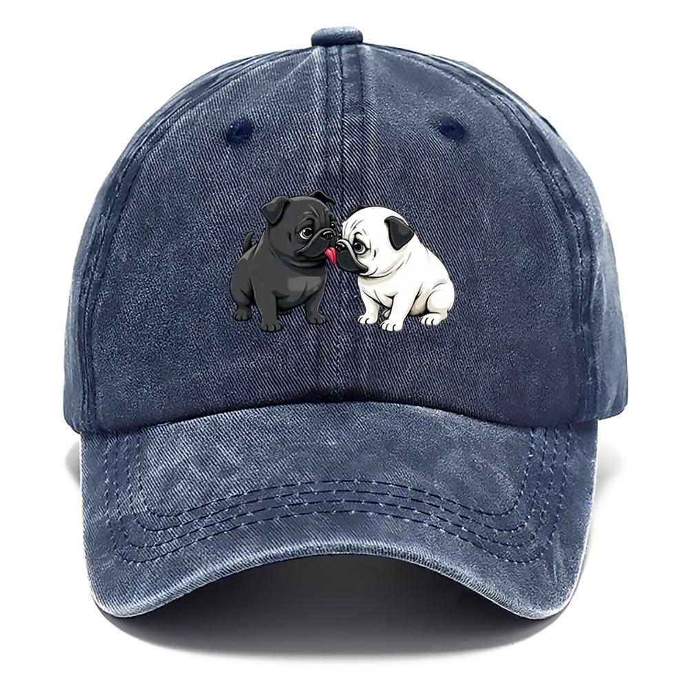 Cute Pug Dogs Kiss Graphic Washed Cotton Baseball Cap Adjustable Outdoor Curved Brim Hat One Size