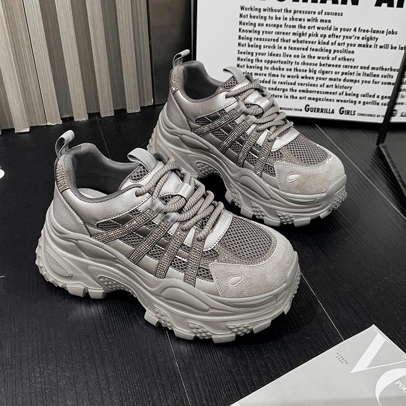 Thick-soled lightweight and breathable dad shoes women's 2025 new rhinestone mesh super fire casual fashion sports shoes women's boots