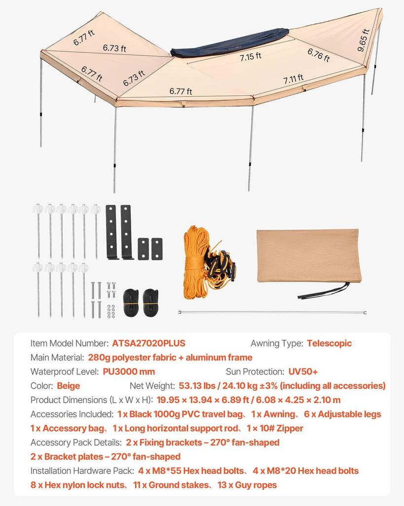 270 Degree Awning, 12.4 Driver Side Vehicle Awning, Waterproof UV50+ Car Side Awnings with Carry Bag, All-Weather Free-Standing Overland Awnings Car