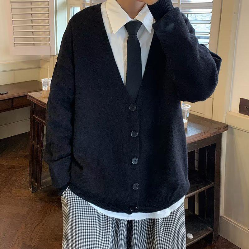 Men's Autumn Korean Style Loose Solid Color College Cardigan Sweater - Trendy Knitted Outerwear