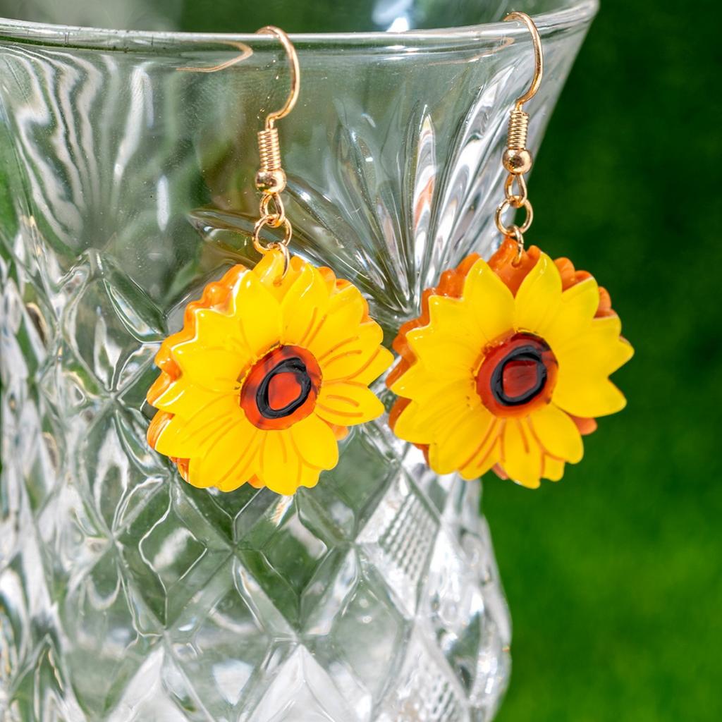 Summer Fresh Pastoral Acrylic Sheet Flower Sunflower Epoxy Girl Versatile Ear Hanging Earrings