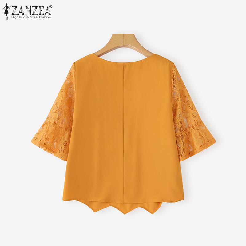 ZANZEA Women Casual Round Neck Half Sleeve Patchwork Lace Blouse