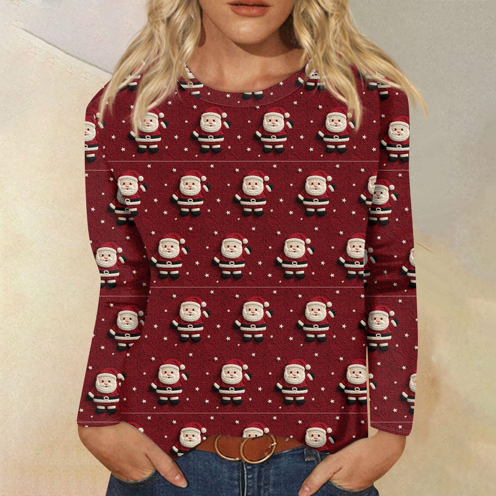 

Женское свободное удобное повседневное модное худи с круглым вырезом и рождественским принтом, с длинными рукавами XL винный