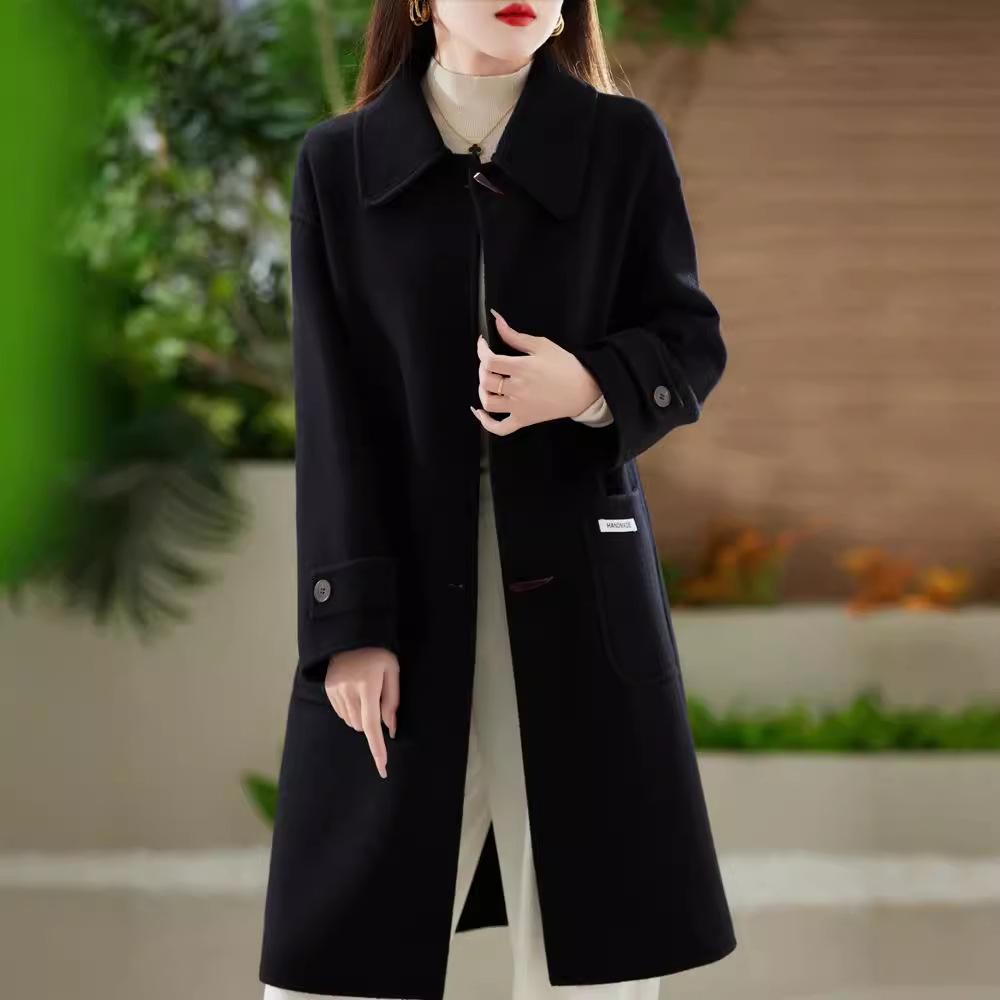 Women's Slim Fit Long Wool Coat with Wide Lapel and Toggle Closure - Double-Faced Woolen Overcoat for Autumn/Winter