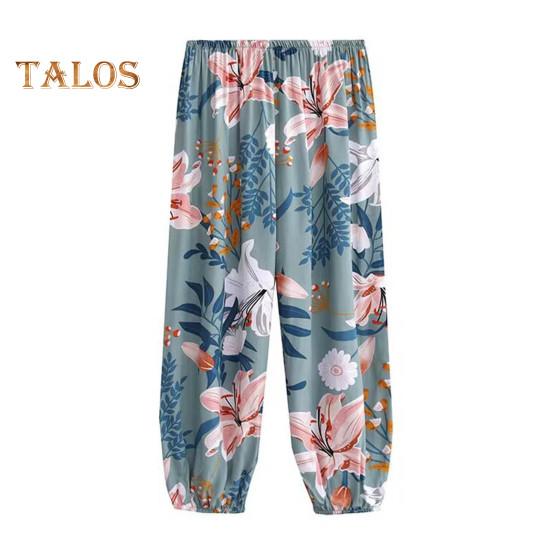 

Женские летние шаровары с эластичной резинкой на талии, широкие брюки с цветочным принтом, пляжные брюки, повседневные брюки для отдыха и путешествий синий
